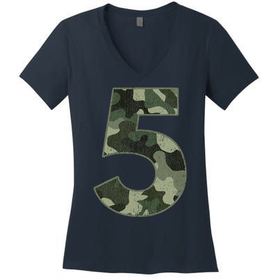 5th Birthday Army Birthday Party 5 Years Old Camo Number 5 Women's V-Neck T-Shirt