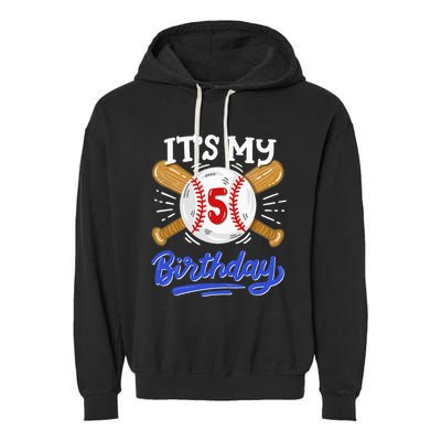 5th Baseball Birthday Party Sport Fan 5 Years Old Garment-Dyed Fleece Hoodie