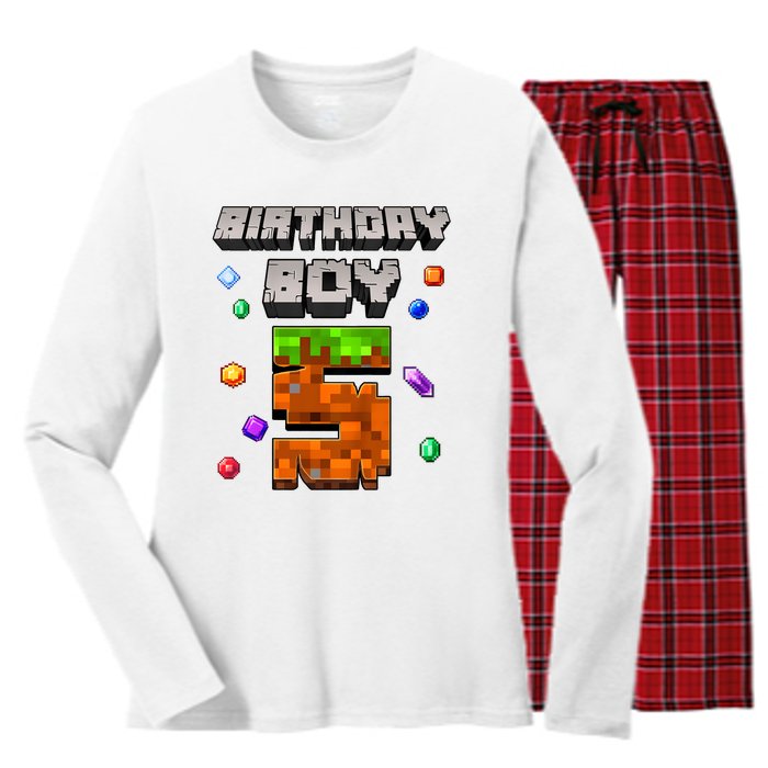 5th Birthday Boy 5 Video Gamer Pixel Number Five Bday Party Women's Long Sleeve Flannel Pajama Set 