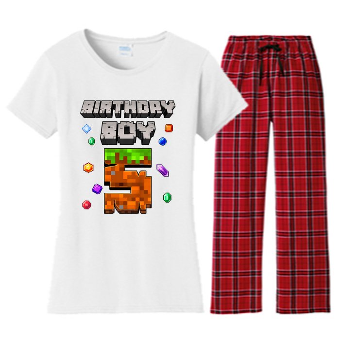 5th Birthday Boy 5 Video Gamer Pixel Number Five Bday Party Women's Flannel Pajama Set