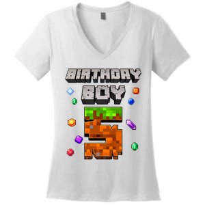 5th Birthday Boy 5 Video Gamer Pixel Number Five Bday Party Women's V-Neck T-Shirt