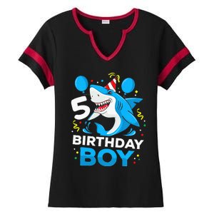 5th Birthday Boy Shark Ocean Theme Party 5 Years Old For Boy Ladies Halftime Notch Neck Tee