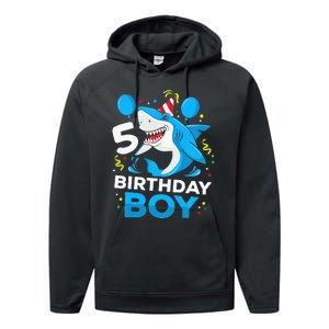 5th Birthday Boy Shark Ocean Theme Party 5 Years Old For Boy Performance Fleece Hoodie