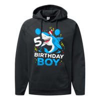 5th Birthday Boy Shark Ocean Theme Party 5 Years Old For Boy Performance Fleece Hoodie