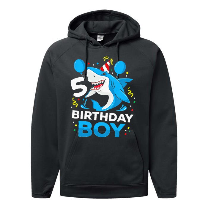 5th Birthday Boy Shark Ocean Theme Party 5 Years Old For Boy Performance Fleece Hoodie