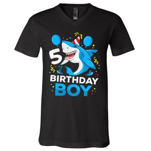 5th Birthday Boy Shark Ocean Theme Party 5 Years Old For Boy V-Neck T-Shirt