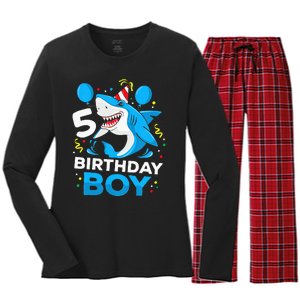 5th Birthday Boy Shark Ocean Theme Party 5 Years Old For Boy Women's Long Sleeve Flannel Pajama Set 