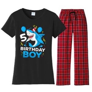 5th Birthday Boy Shark Ocean Theme Party 5 Years Old For Boy Women's Flannel Pajama Set