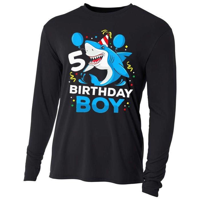 5th Birthday Boy Shark Ocean Theme Party 5 Years Old For Boy Cooling Performance Long Sleeve Crew