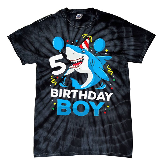 5th Birthday Boy Shark Ocean Theme Party 5 Years Old For Boy Tie-Dye T-Shirt