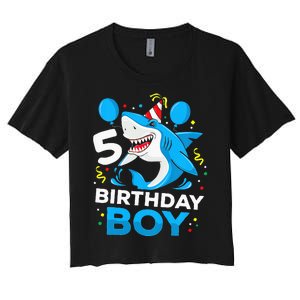 5th Birthday Boy Shark Ocean Theme Party 5 Years Old For Boy Women's Crop Top Tee