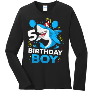 5th Birthday Boy Shark Ocean Theme Party 5 Years Old For Boy Ladies Long Sleeve Shirt