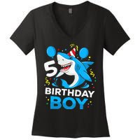 5th Birthday Boy Shark Ocean Theme Party 5 Years Old For Boy Women's V-Neck T-Shirt