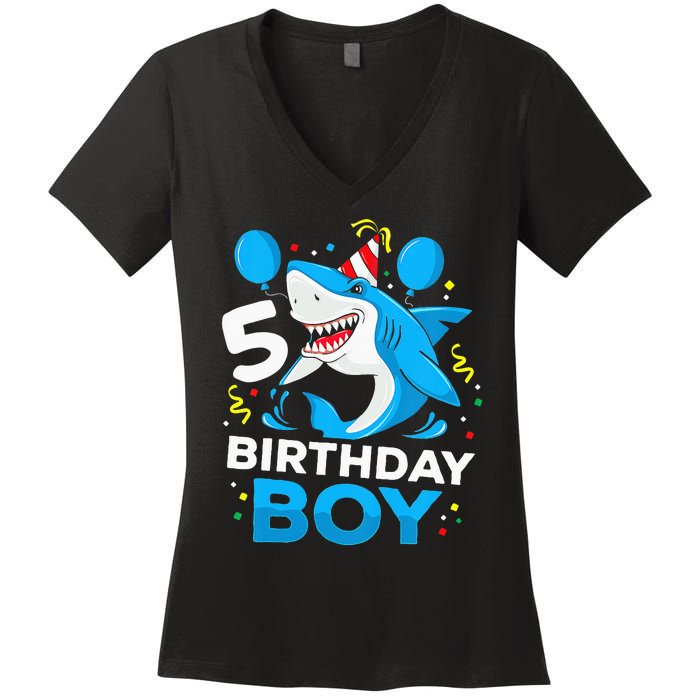 5th Birthday Boy Shark Ocean Theme Party 5 Years Old For Boy Women's V-Neck T-Shirt