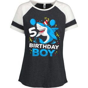 5th Birthday Boy Shark Ocean Theme Party 5 Years Old For Boy Enza Ladies Jersey Colorblock Tee