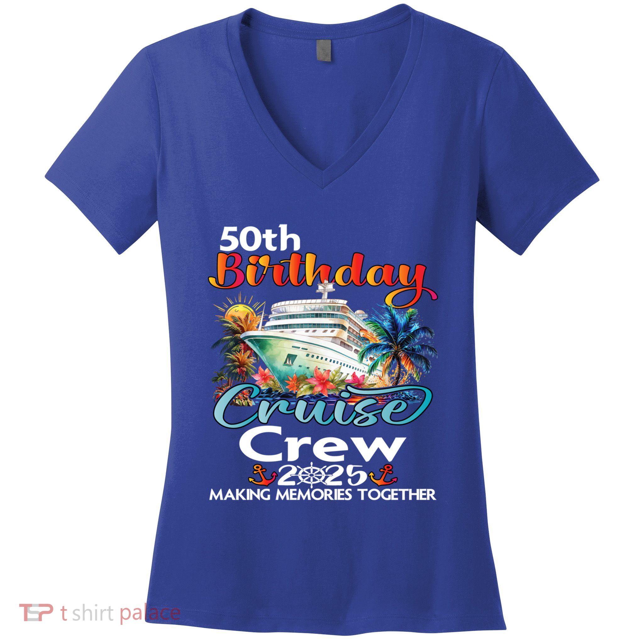50th Birthday Cruise Crew Friends Family Vacation Matching Funny Gift Women's V-Neck T-Shirt
