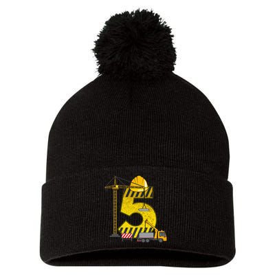 5th Birthday Construction Vehicle Excavator Truck Pom Pom 12in Knit Beanie