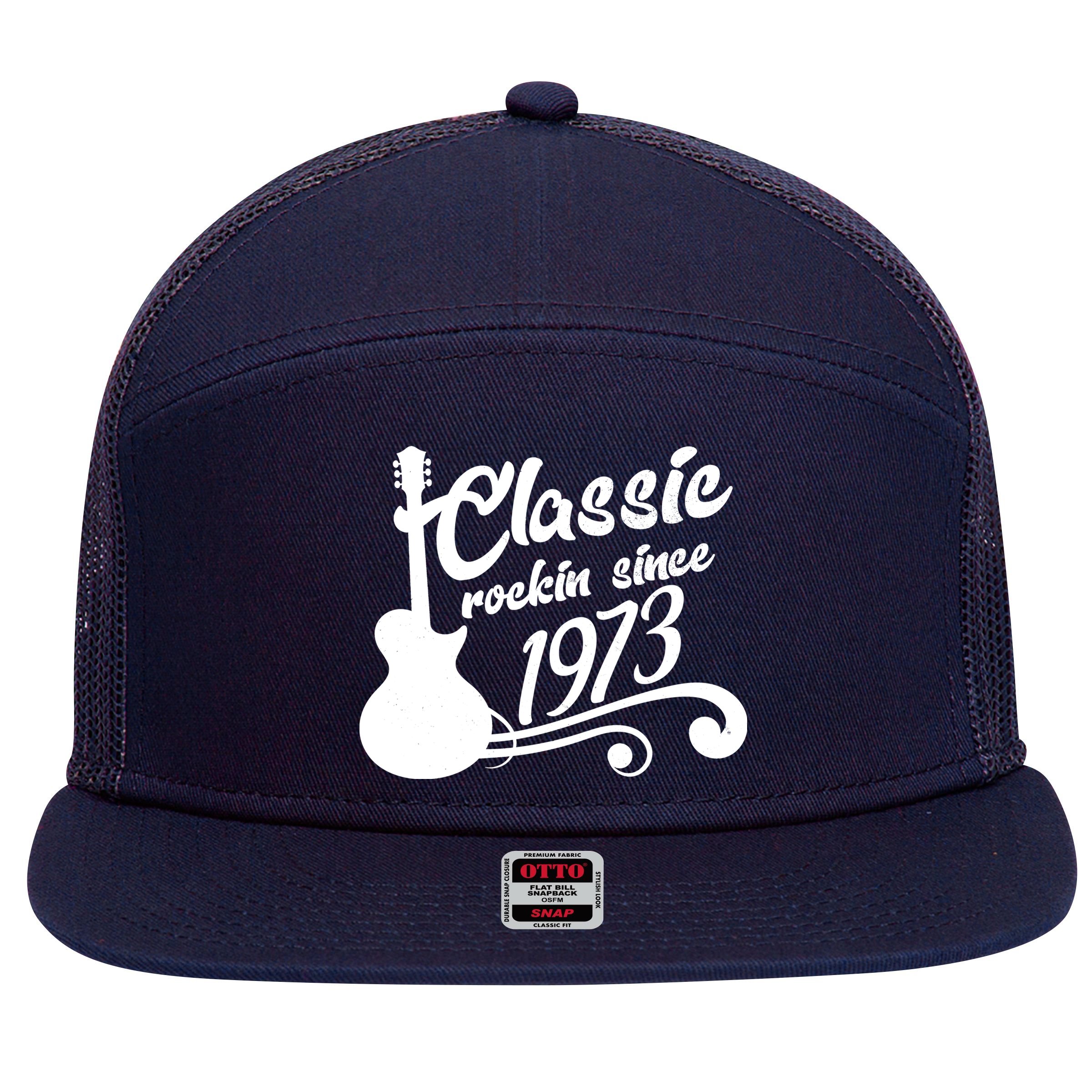 50th Birthday Classic Rockin Since 1973 7 Panel Mesh Trucker Snapback Hat