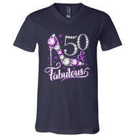 50th Birthday Design. 50 & Fabulous W.O.M.E.N Ladies V-Neck T-Shirt