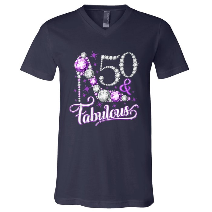 50th Birthday Design. 50 & Fabulous W.O.M.E.N Ladies V-Neck T-Shirt