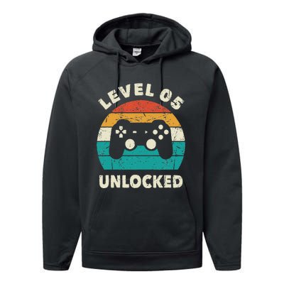 5th Birthday Decoration Gift Level 5 Unlocked Video Gamer Performance Fleece Hoodie