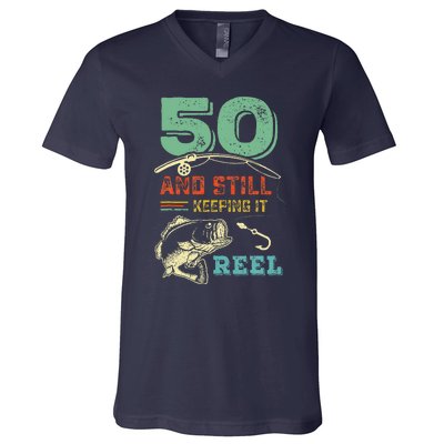 50th Birthday Fishing Turning 50 Fisherman Pun Gift V-Neck T-Shirt