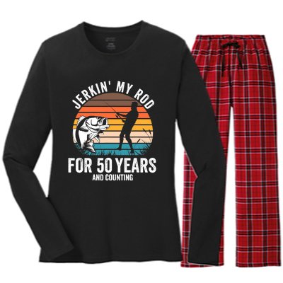 50th Birthday Gift for Fisherman  Funny Fishing 50 Bday Women's Long Sleeve Flannel Pajama Set 