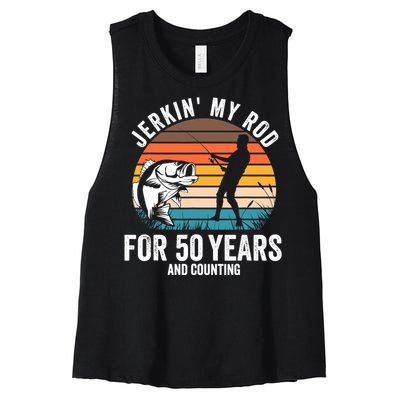 50th Birthday Gift for Fisherman  Funny Fishing 50 Bday Women's Racerback Cropped Tank