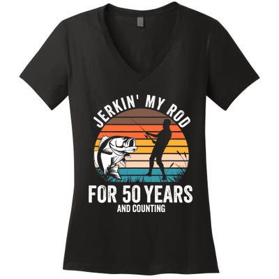 50th Birthday Gift for Fisherman  Funny Fishing 50 Bday Women's V-Neck T-Shirt