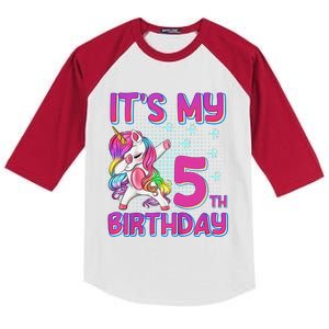 5th Birthday Girl Unicorn Five Year Old Kids Colorblock Raglan Jersey