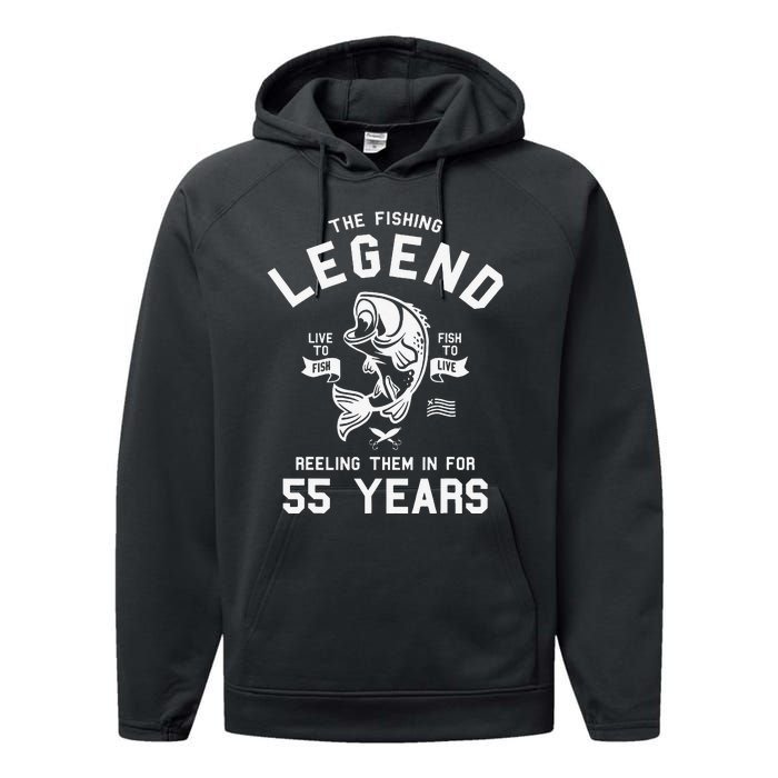 55th Birthday Gift The Fishing Legend 55 Years Fisherman Performance Fleece Hoodie