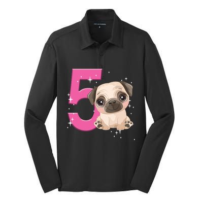 5th Birthday Girl Pug Dog Birthday Shirts Party Pug Kids Five Silk Touch Performance Long Sleeve Polo