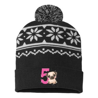 5th Birthday Girl Pug Dog Birthday Shirts Party Pug Kids Five USA-Made Snowflake Beanie