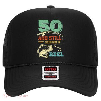 50th Birthday Gift For Fisherman Mens High Crown Mesh Back Trucker Hat