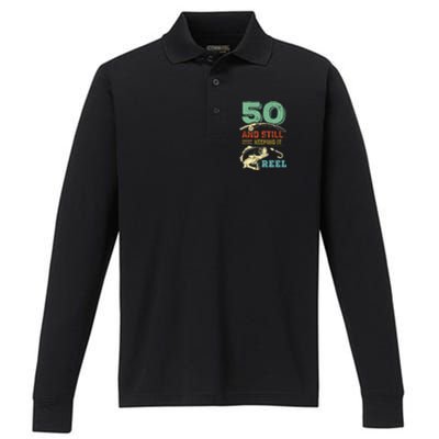 50th Birthday Gift For Fisherman Mens Performance Long Sleeve Polo