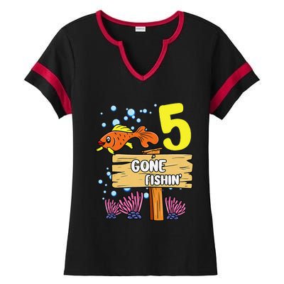 5th Birthday Gone Fishin Sign Underwater Ocean Ladies Halftime Notch Neck Tee