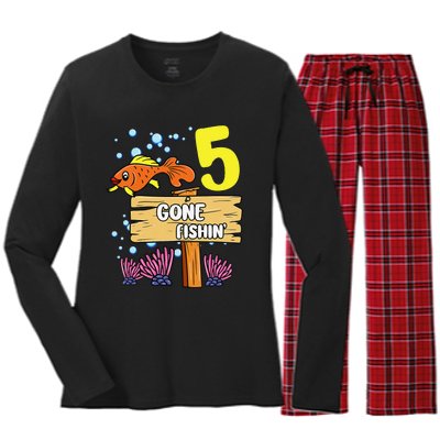 5th Birthday Gone Fishin Sign Underwater Ocean Women's Long Sleeve Flannel Pajama Set 