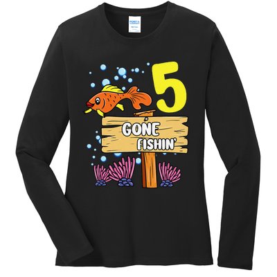 5th Birthday Gone Fishin Sign Underwater Ocean Ladies Long Sleeve Shirt