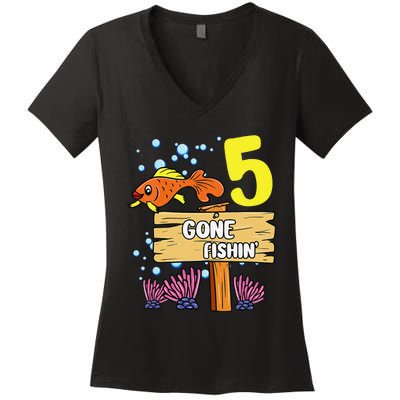 5th Birthday Gone Fishin Sign Underwater Ocean Women's V-Neck T-Shirt