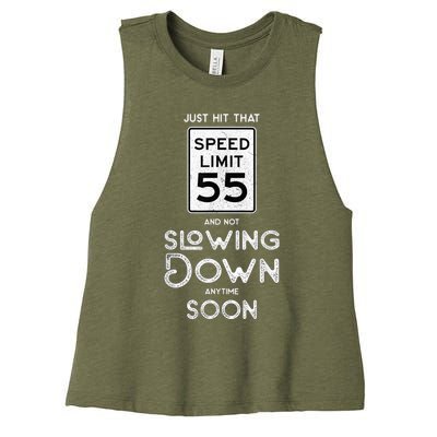 55th Birthday Idea Speed Limit Sign 55 mph Funny Driving Women's Racerback Cropped Tank