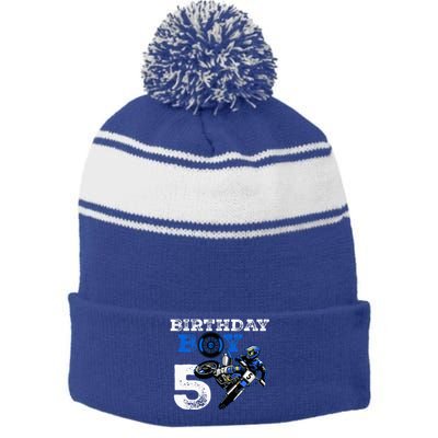 5th Birthday Motocross Mx Dirt Bike 5 Year Old Funny B Day Stripe Pom Pom Beanie