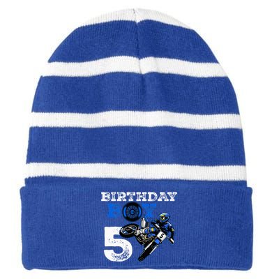 5th Birthday Motocross Mx Dirt Bike 5 Year Old Funny B Day Striped Beanie with Solid Band