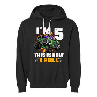 5th Birthday Monster Truck Rule JAM Five Years Garment-Dyed Fleece Hoodie
