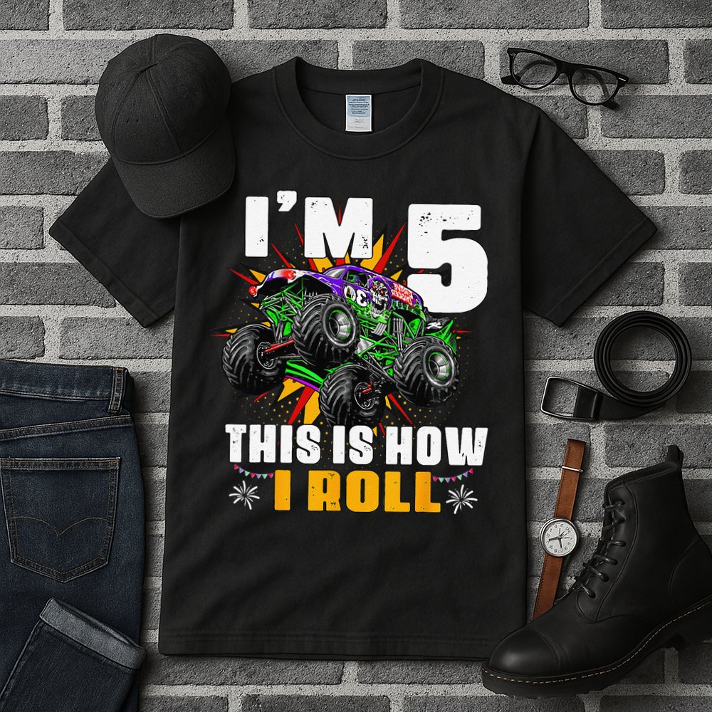 5th Birthday Monster Truck Rule JAM Five Years Tall T-Shirt
