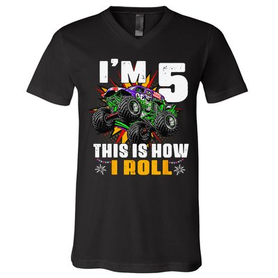 5th Birthday Monster Truck Rule JAM Five Years V-Neck T-Shirt