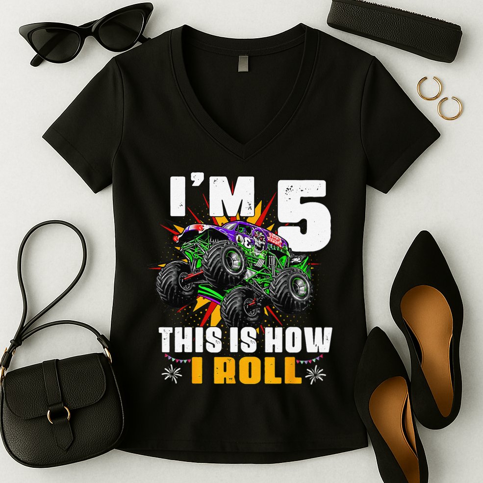 5th Birthday Monster Truck Rule JAM Five Years Women's V-Neck T-Shirt