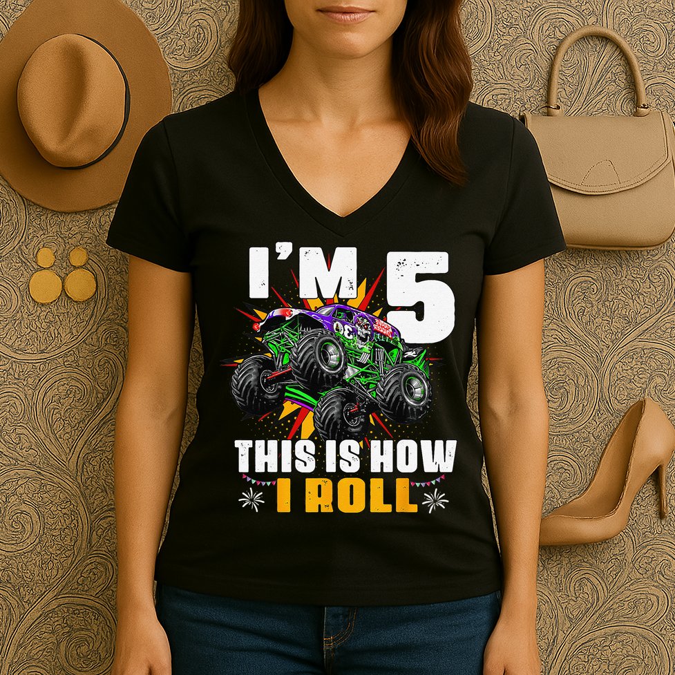 5th Birthday Monster Truck Rule JAM Five Years Women's V-Neck T-Shirt