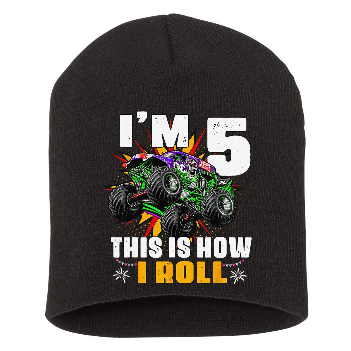 5th Birthday Monster Truck Rule JAM Five Years Short Acrylic Beanie