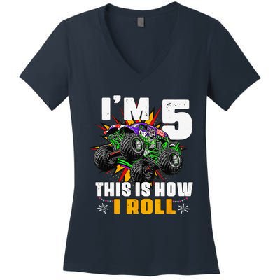 5th Birthday Monster Truck Rule JAM Five Years Women's V-Neck T-Shirt