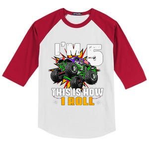 5th Birthday Monster Truck Rule JAM Five Years Kids Colorblock Raglan Jersey